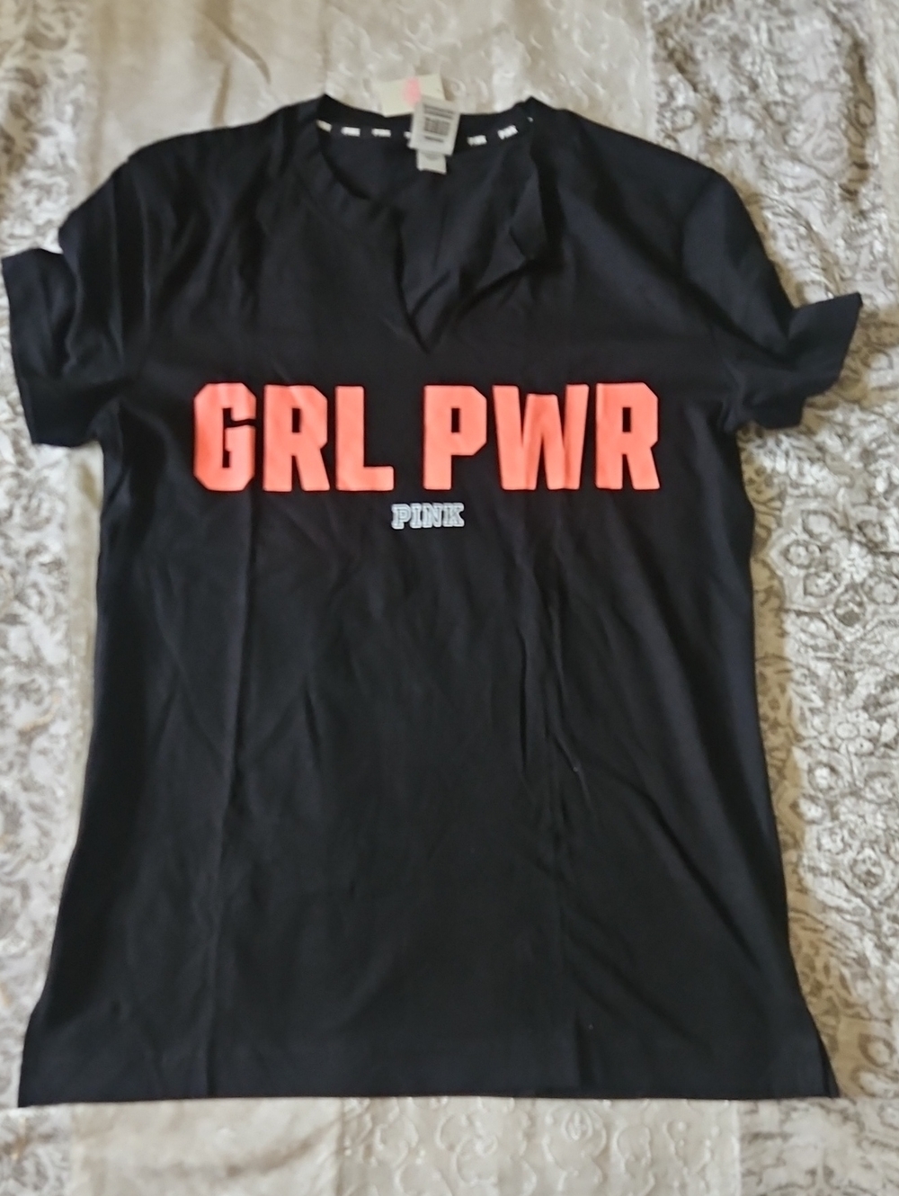 PINK Victoria's Secret Black Tee with Coral GRL PWR Graphic - Small